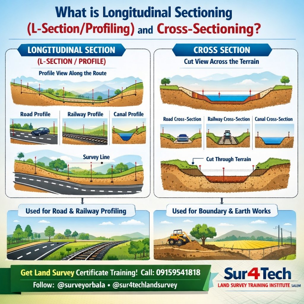 Land_Survey_Edu's tweet photo. 📐Longitudinal Section = survey along length
 📏Cross Section = survey across width
Important for:
 ✔ Road survey
 ✔ Canal survey
 ✔ Earthwork calculation
Easy topic for survey students 👨‍🎓
📞 07708010118
@Surveyor_bala  
 #CrossSection #LongitudinalSection #LandSurveyTraining https://t.co/OAHHWcMzmB