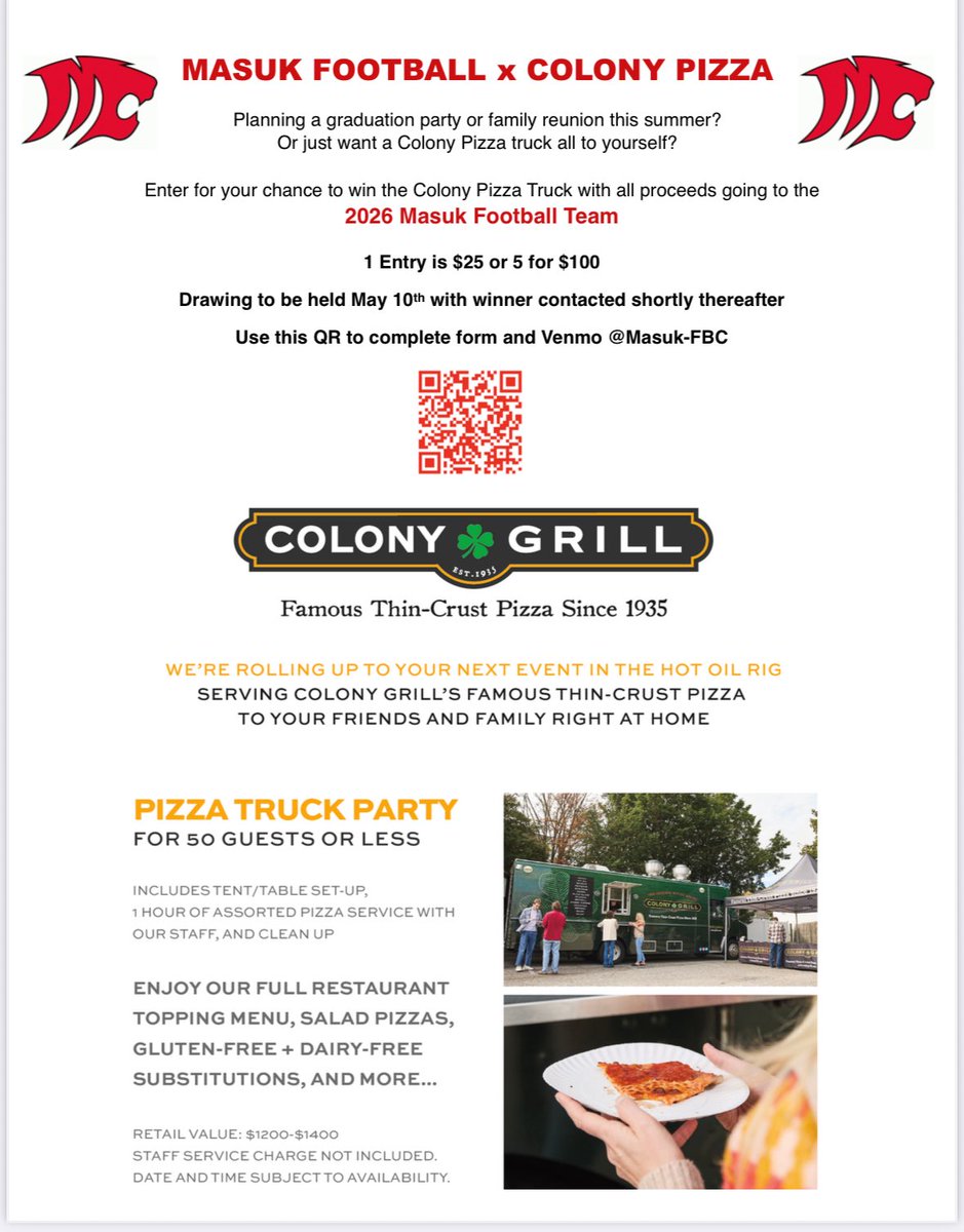 MasukPanthersFB's tweet photo. Excited to partner with Colony Grill Pizza and kicking off our first ever Colony Grill Pizza Truck Raffle. 

This is a great opportunity to enjoy great pizza while supporting Masuk Football. 

All are encouraged to participate and share!

Let’s go Masuk Football!
@ColonyGrill1 https://t.co/fj8NLQnWfe