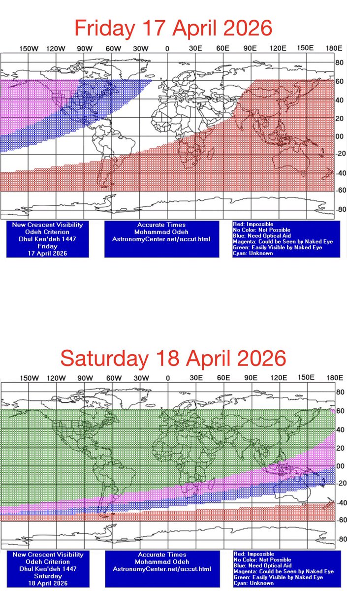 Simwal's tweet photo. CRESCENT SIGHTING REMINDER FOR DHUL QA’ADAH 1447!

The conjunction of Dhul Qa’adah 1447 crescent (New Moon) will occur InshaAllah on ( Friday 17th April 2026) at 12:52pm inshaAllah .
Sighting the new crescent on (Friday 17th and Saturday 18th  April) is shown in the graphs below using the program Accurate Times by Mohammad Odeh according to Odeh criterion..

Where:-

It is impossible to see the crescent from the areas located under red color because either the Moon on this day sets before the Sunset or conjunction occurs after Sunset.
The crescent is expected to be seen by optical aid only from the areas located under the blue color.

The crescent is expected to be seen by optical aid from areas located under magenta color. In these areas the crescent could be seen by naked eye if the atmospheric conditions are superb and the observer is experienced. 

The crescent is expected to be easily visible by naked eye from areas located under green color.
The crescent cannot be seen from uncolored areas, even though it sets in these locations after  Sunset and the conjunction occurs before Sunset, cos it’s  not sufficiently illuminated.

Searching for the new Moon is an ACT OF IBADAH and a means of EARNING REWARD from Allah inshaAllah .
It is the SUNNAH of our beloved Prophet (ﷺ). The Sunnah is ‘sighting’ and not mere knowledge of the moon’s existence above the horizon.

Allahu a’alaam!!!
@moonsightingng