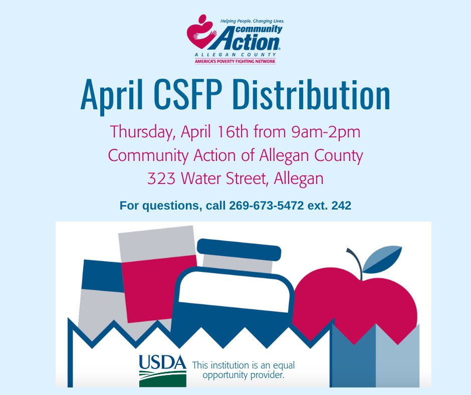 Reminder! Senior CSFP Food Distribution Drive Thru is tomorrow, April 16th, 9am-2pm at 323 Water Street, Allegan.  For more information or to see if you qualify for this program, call 269-673-5472 ext. 242.
