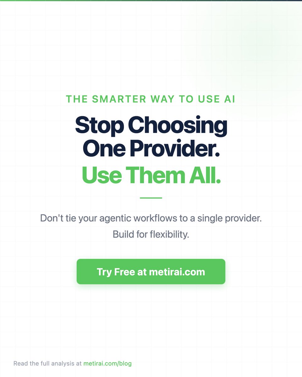 MetirHQ's tweet photo. Stop tying your critical agentic workflows to one provider.

Read our full, data-backed analysis for 2026 and try it for free at https://t.co/RbUJ8dBl9w. (Link in bio) https://t.co/YeGAM5Yocd