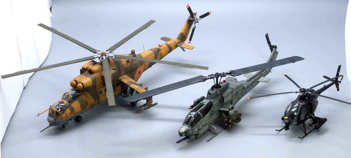 #ヘリコプターの日
1/72 Italeri Mi-24 、AH-1W(試作型のキットを量産型に改造)、AH-6改造バザード攻撃ヘリ(グランドセフトオート5より)
全てタミヤのウォーバードコレクションなんですがイタレリ製品はとんと見なくなりましたね…国産と違った組味とライナップで好きだったんですが…
#プラモデル
