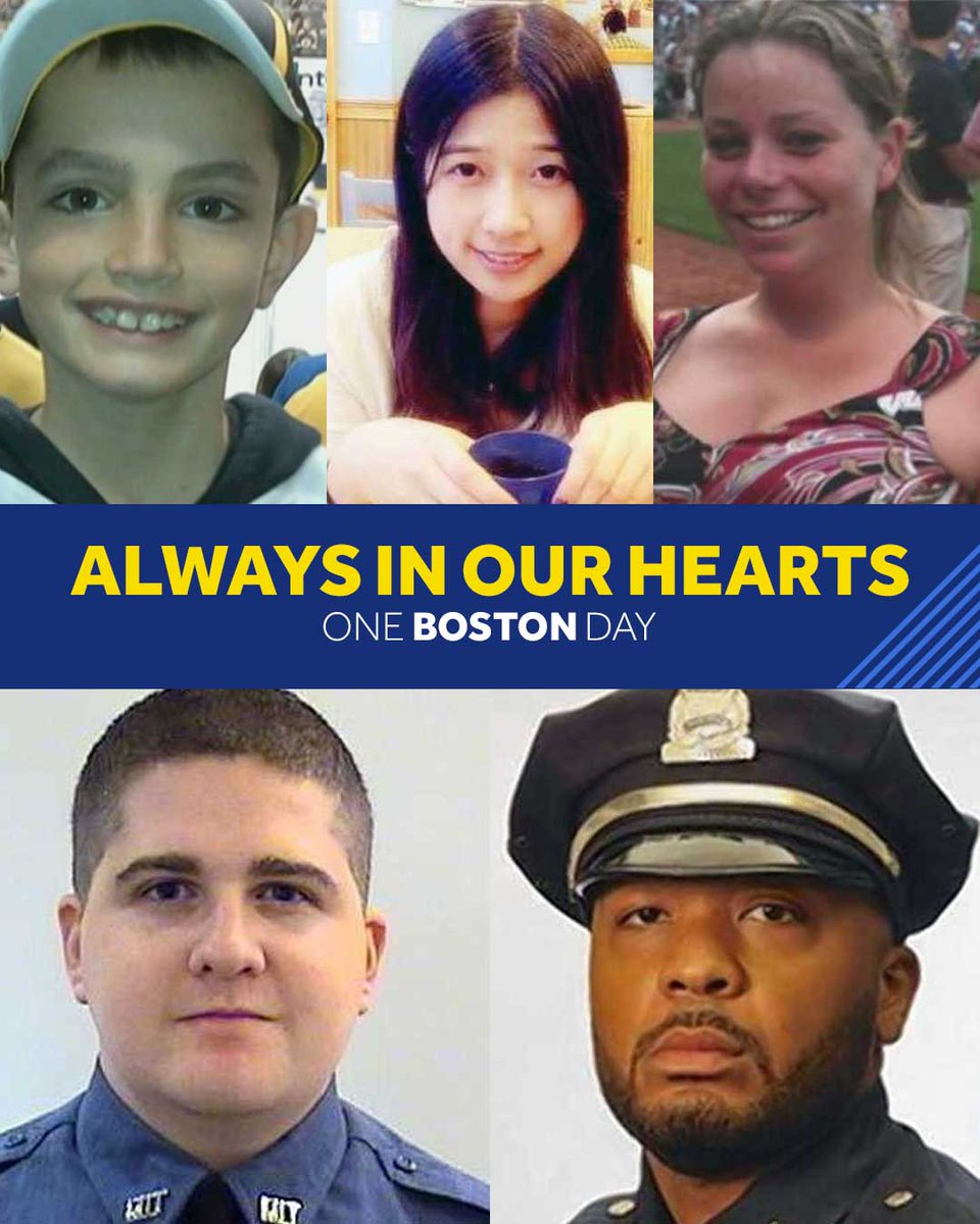 WCVB's tweet image. On this #OneBostonDay, we pause to remember Martin Richard, Lu Lingzi, Krystle Campbell, Ofc. Sean Collier and Ofc. Dennis Simmonds. We also honor the way that Boston came together #BostonStrong in a time of crisis. wcvb.com/article/one-bo…