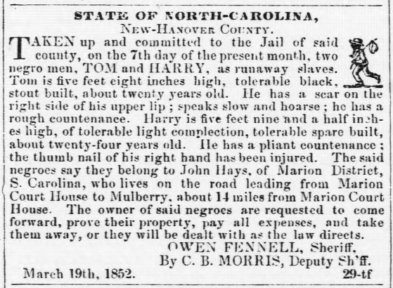 FromSlaves's tweet image. In March 1852, Harry and I walked 90 miles from Hays' property in Marion District, SC to Wilmington, NC. We knew what that port meant. Ships leading us to freedom. They caught us before we got there. My name was TOM. #slavery #NC #SC #blackhistory