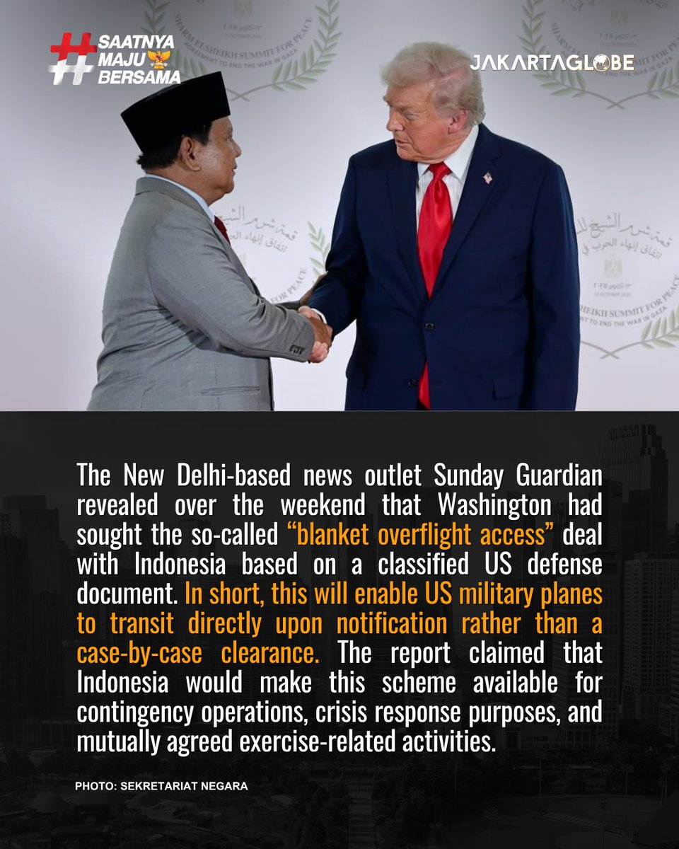 thejakartaglobe's tweet image. Indonesia says the proposal to grant blanket overflight access for US military aircraft was originally initiated by the United States.

Read more on Jakarta Globe!

#jakartaglobe #UnitedStates #Defense #Airspace #ForeignPolicy