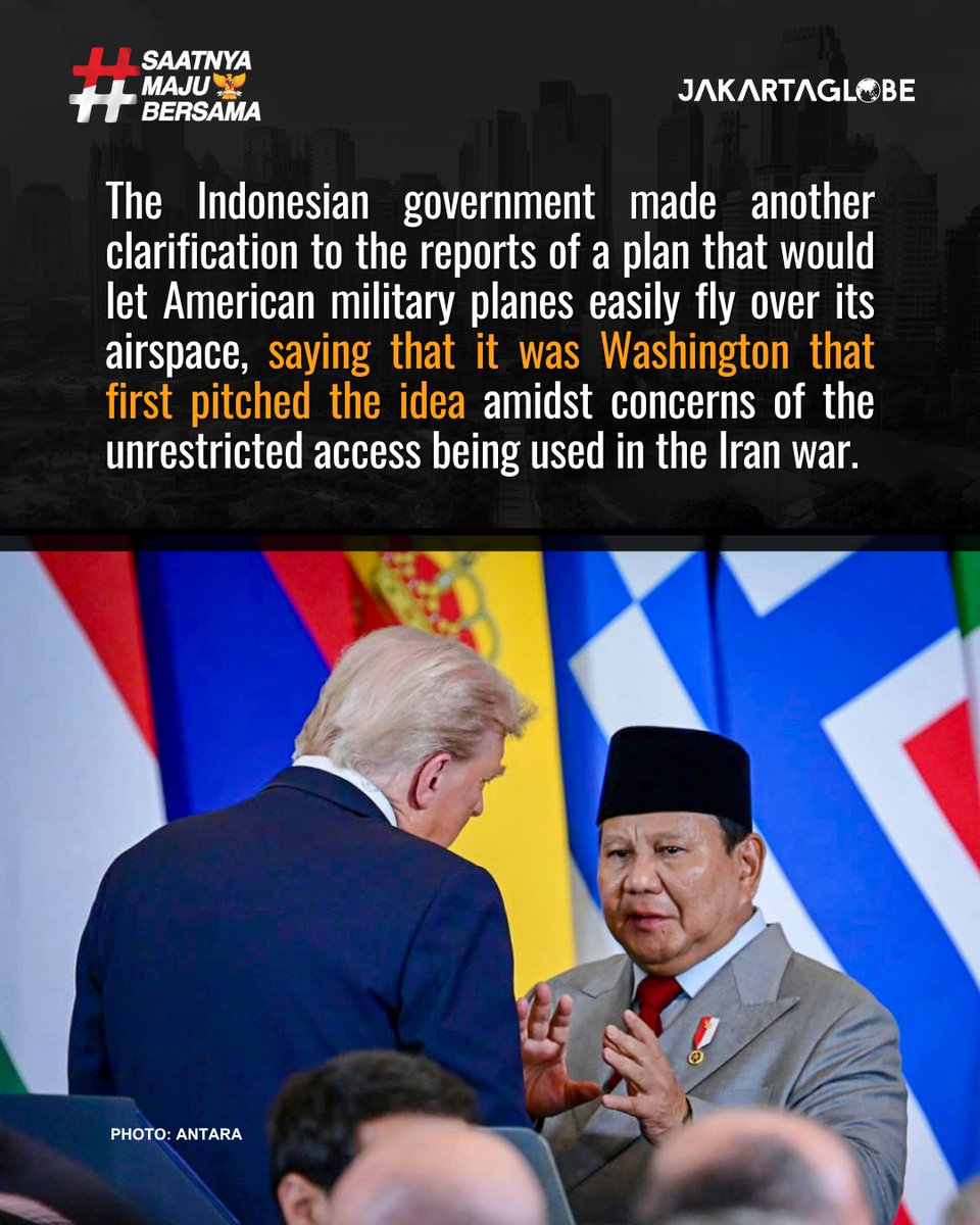thejakartaglobe's tweet image. Indonesia says the proposal to grant blanket overflight access for US military aircraft was originally initiated by the United States.

Read more on Jakarta Globe!

#jakartaglobe #UnitedStates #Defense #Airspace #ForeignPolicy