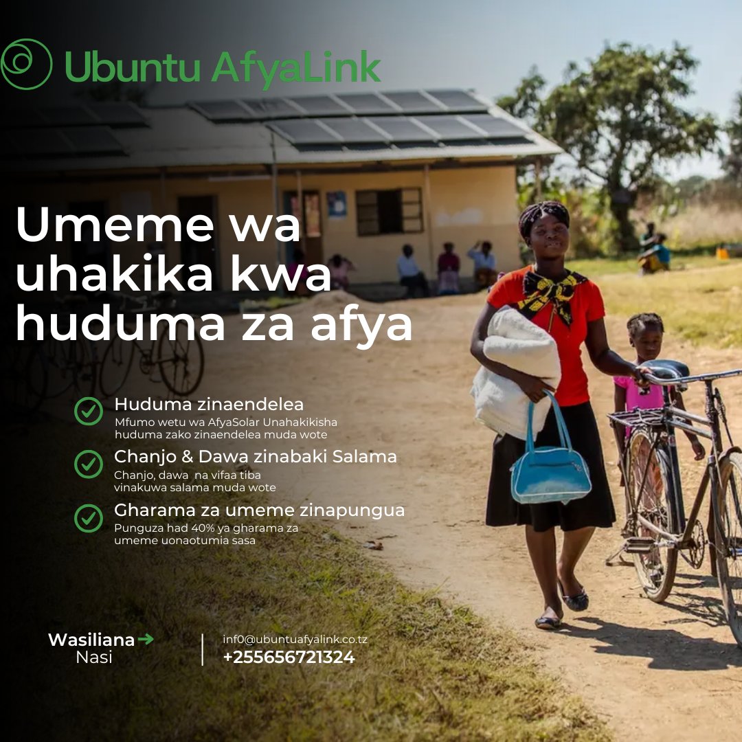 Ubuntu_Afyalink's tweet photo. Umeme ukikatika, huduma za afya hazipaswi kusimama ⚡️

#AfyaSolar inahakikisha vituo vinaendelea kufanya kazi:
💉 Chanjo salama
🏥 Vifaa vinafanya kazi
👩‍⚕️ Huduma zinaendelea bila kusimama
📉 Gharama zinapungua

AfyaSolar ni uhakika, uaminifu &amp; utayari kila siku 

📩 +255672393800 https://t.co/4K0ZLQtRum