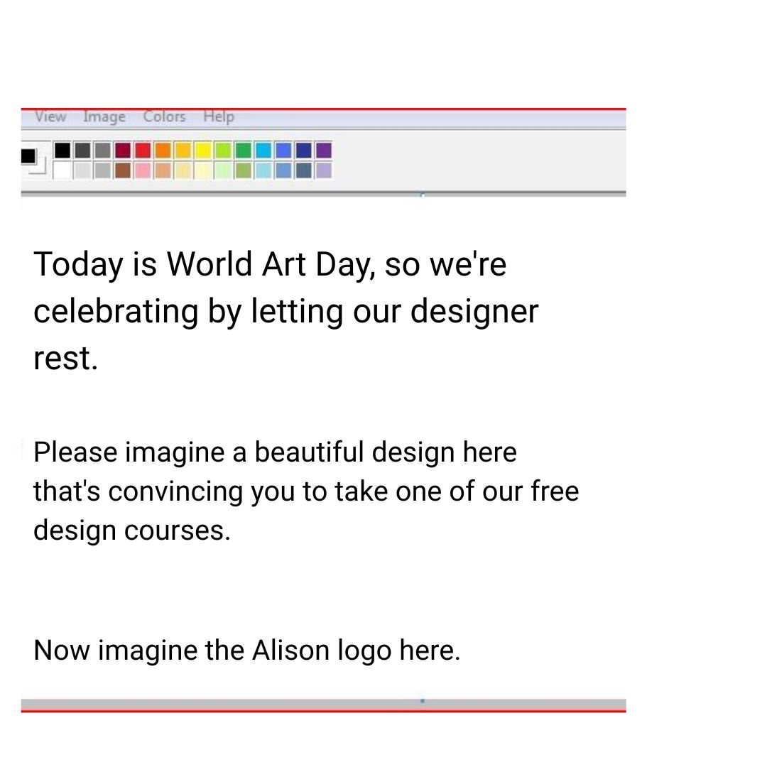 Alison_Learning's tweet image. This post was designed (if we can call it that) by our Social Media Strategist.

That's why she has enrolled in some of our free design courses and is learning at her own pace.

You could join her too: buff.ly/V3oaRd7 

#WorldArtDay #DesignLife #CreativeWork #LearnDesign