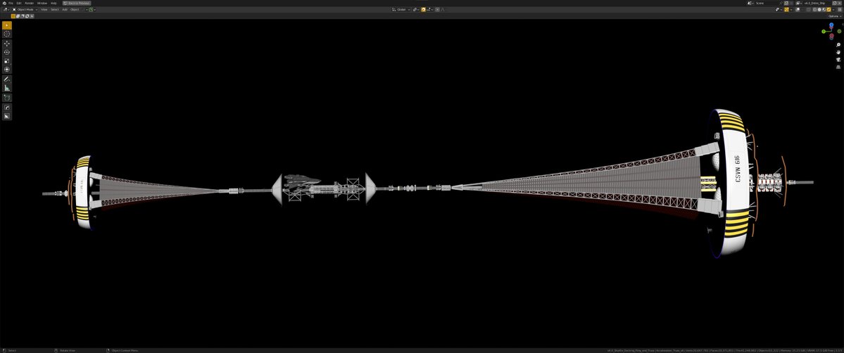 ToughSf's tweet image. A 1 km long accelerator nestled between Alcubierre rings, cooled by glowing radiator spines, protected by dielectric mirrors and Whipple shields, propelled by a DT fusion torch. 
An excellent Hard-SF space warship inspired by Atomic Rockets!
#space #art 
blenderartists.org/t/warship/1456…