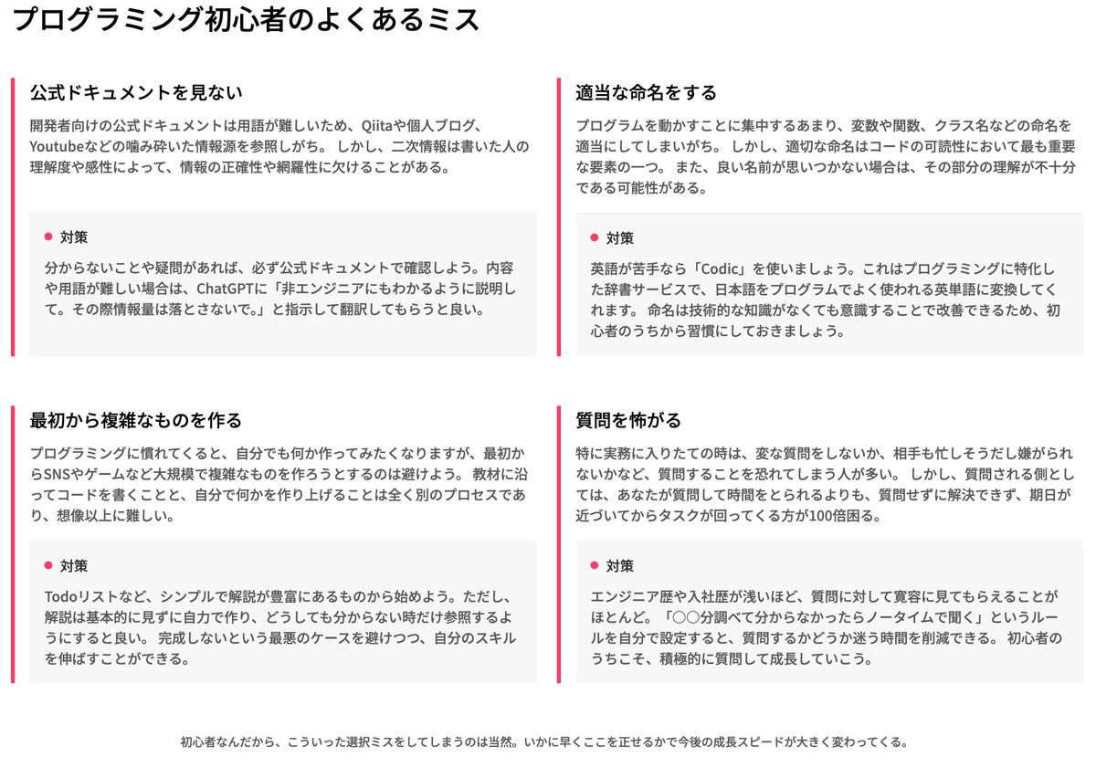 shiba_program's tweet photo. プログラミング初心者が最初につまずくポイント、だいたいここ

・公式ドキュメント見ない
・変数名テキトー
・最初から難しいもの作る
・質問できない

悪い理由と対策を画像でまとめた👇
保存しておくと後で絶対役立つ https://t.co/BrtTwXYtgd