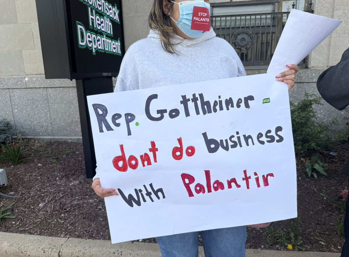 MaketheRoadNJ's tweet photo. GET AI BILLIONAIRES OUT OF POLITICS! Dozens of @Josh4Jersey constituents rallied at his Hackensack office to demand he reject Palantir donations &amp; AI billionaire $ from SuperPAC run by Palantir cofounder Joe Lonsdale after the SuperPac announced its endorsement of @Josh4Jersey. https://t.co/aJqTO3RCFh