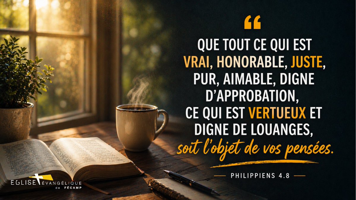 🧠 “Que tout ce qui est vrai, honorable, juste, pur, aimable, digne d’approbation, ce qui est vertueux et digne de louanges, soit l’objet de vos pensées.”
— Philippiens 4:8