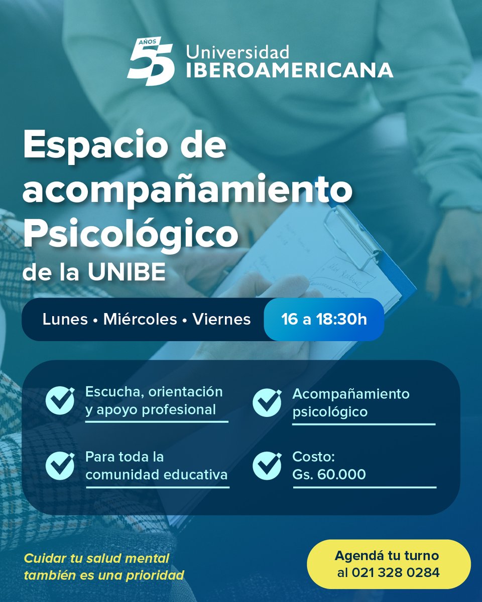 unibepy's tweet image. En la UNIBE, entendemos que cuidar tu salud mental también es una prioridad. Por eso, ponemos a disposición de toda nuestra comunidad educativa un Espacio de Acompañamiento Psicológico. 

Agendá tu turno al: 021 328 0284.

#UnibePy #SaludMental #BienestarUNIBE