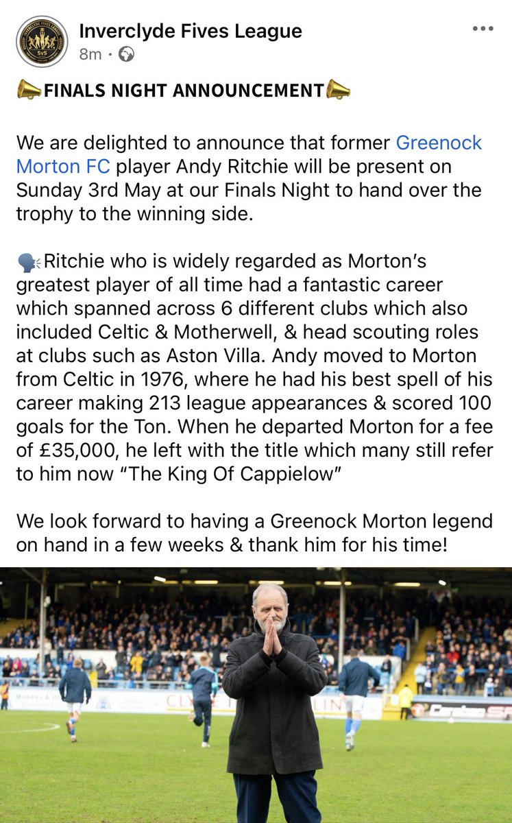 Smith_Michael4's tweet photo. Brilliant to have @Morton_FC legend Andy Ritchie, scheduled to be along to our Inverclyde Fives League finals night, to hand over the trophy to the winning side🤝⚽️

https://t.co/uItXmHJtgH https://t.co/T8cBtlDEPo