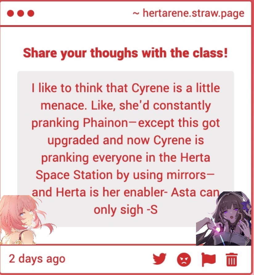 hourlyhertarene's tweet image. yes s anon, im actually thinking of asta being cyrene's babysitter and I'm laughing thinking about it and her not knowing herta is fine with it