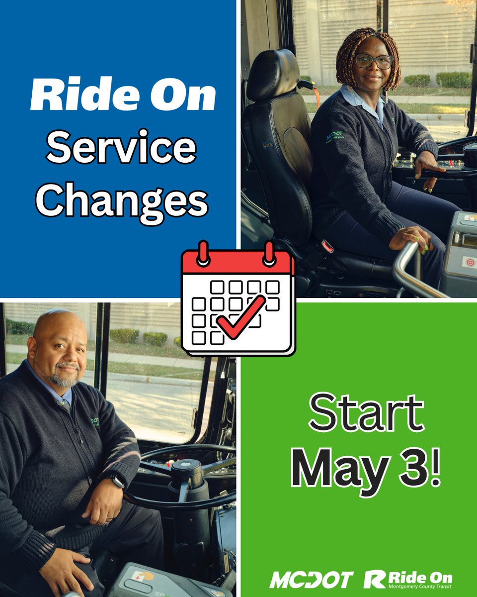 RideOnMCT's tweet photo. Stay ahead of the upcoming Ride On service changes! π
Starting May 3, 18 routes will get updated schedules to make your trips more reliable and efficient.
See whatβs changing here: https://t.co/slg7OTi4wI
#RideOnServiceChanges https://t.co/urVVQYFYCY