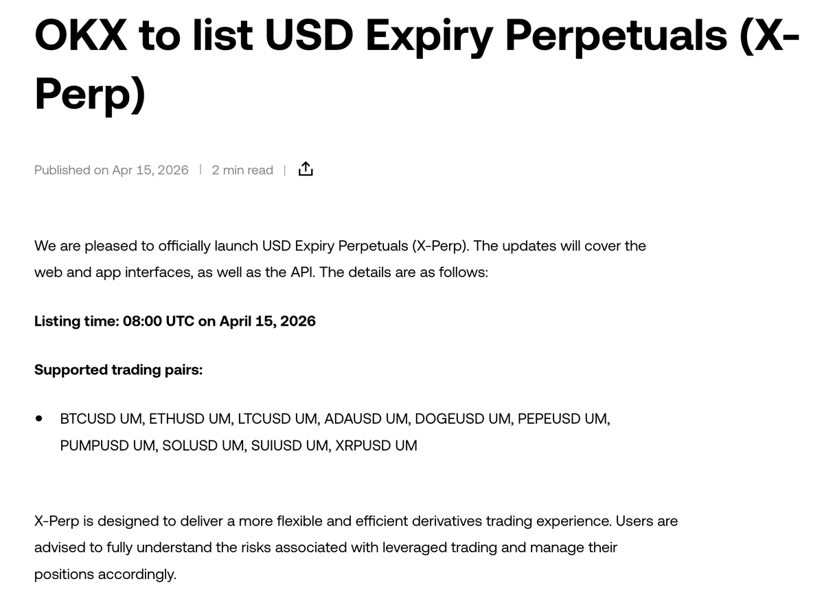 cryptohftintern's tweet photo. OKX has launched perp contracts with an expiry date

only catch is it expires 5 years in the future so for now it will be the same strategies and same ux 

this was launched mainly for regulatory reasons as having an expiry date suddenly qualifies perps as a "future"

X-Perps:

Add expiry → now looks like a compliant futures contract
Keep funding → preserve perp-like behavior

This might be big for institutions as those that cant trade perps now might be able to trade X-perps which could be a massive change for liquidity and flows