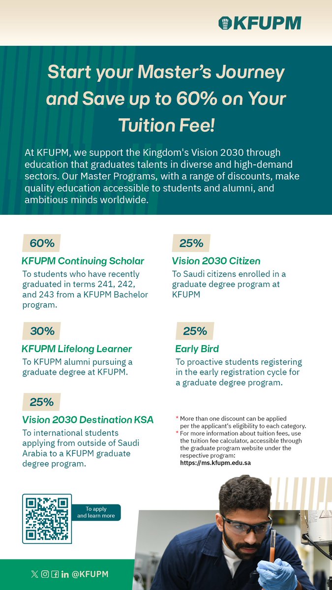 KFUPM_ENG's tweet image. Invest wisely in your future! 💰

Enjoy up to 60% tuition discounts on the (Project-Based) Master’s programs at #KFUPM, available to alumni and Saudi and international students worldwide.

📌 Apply today: Apply.Kfupm.edu.sa
📅 Deadline: April 26, 2026