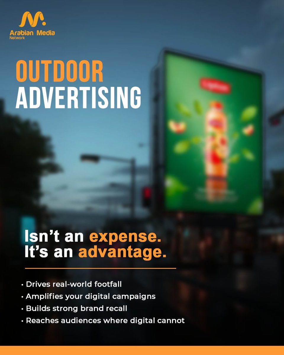 arabian_mn's tweet image. Outdoor isn’t a cost it’s a strategic advantage.
Real-world visibility. Constant presence.
While digital fights for seconds, outdoor builds recall.
#OOH #BrandVisibility