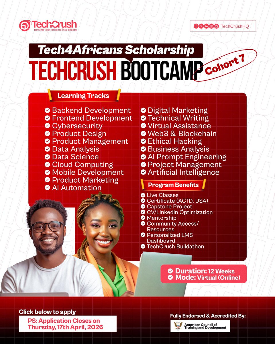 48hrs to go!

Application for Cohort 7 Scholarship close in 48hrs.

You have been thinking of learning a tech skill, this is your opportunity.

This is not one to miss.
techcrush.pro/scholarship/ap…

Tag someone you know who might need this!!

#techcrush #tech4africans