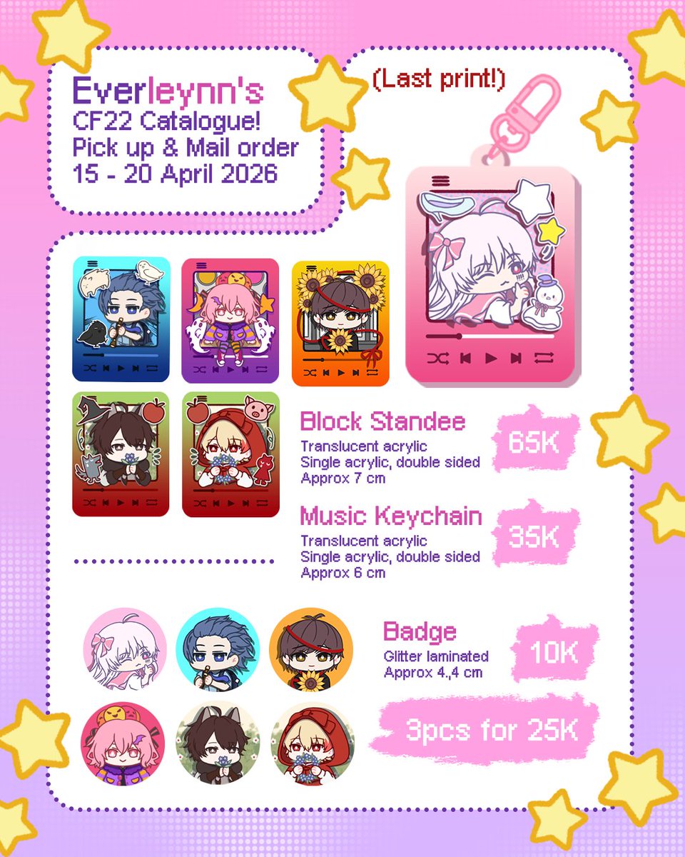 [🔁&amp;❤️highly appreciated (˶ˆᗜˆ˵)]

⋆.˚⭒⋆ Everleynn's #CF22 Pre-order catalogue ⋆.˚⭒⋆ 
🗓️PO period: 15 - 20 April 2026
💌Pick-up &amp; Mail Order
✨Both days | no booth TBA
🗒️Fandom: Niji En (Shu only), Niji JP &amp; Utaite

🔗order form below

#Comifuro22 #Cf22catalogue