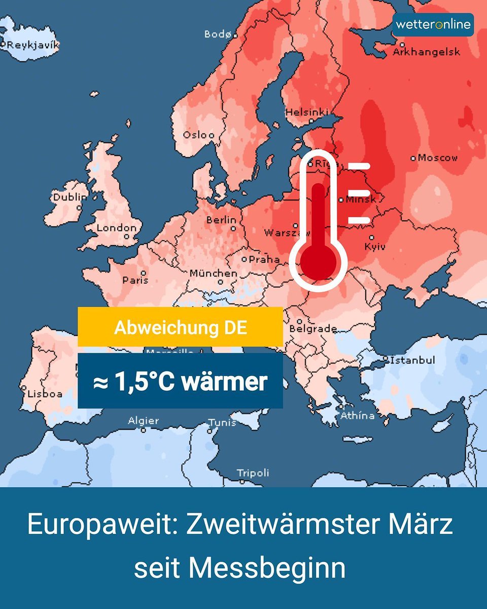 WetterOnline's tweet image. März 2026: Europaweit der zweitwärmste seit Messbeginn 🌍

🌡️ Global auf Platz 4 mit 13,94 Grad – rund 1,5 Grad über dem Mittel. Extreme zwischen Trockenheit und Starkregen.

Mehr Infos: 👉 to.wetteronline.de/maerz-abweichu… 

#Klima #Europa #Wetter #Erderwärmung