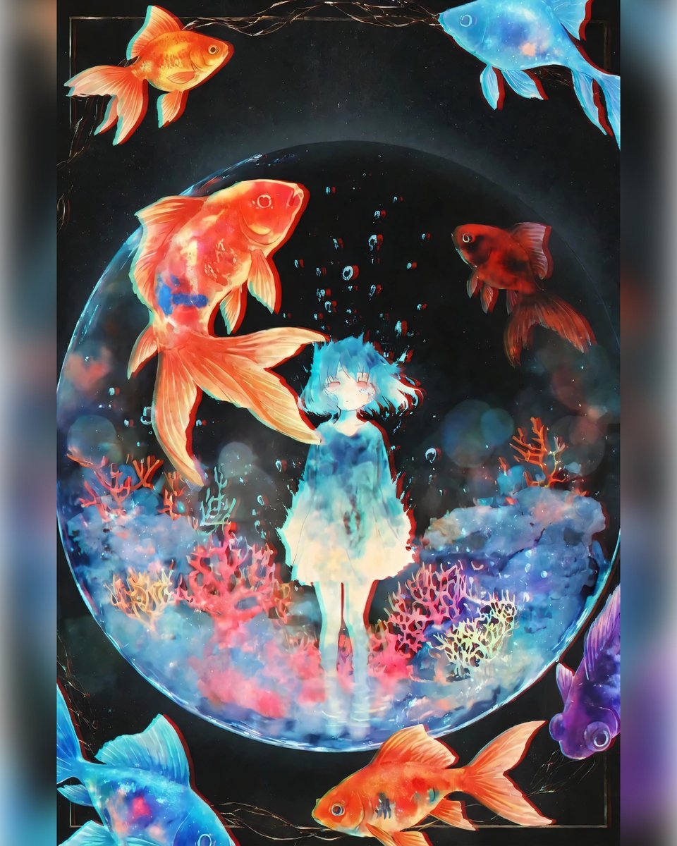 uyciak's tweet image. A fragile sphere of isolation, surrounded by a world swimming freely in the dark.

#goldfish