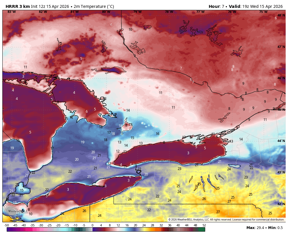 WxOntario1's tweet image. Another warm afternoon on tap for SW #Ontario

Widespread temps near 20C expected

Raw east wind off Lake Ont keeps #Toronto and the #GTA cooler with temps struggling to reach the teens

Cool across Eastern Ont with temps near 10C

#OnWX #ONStorm