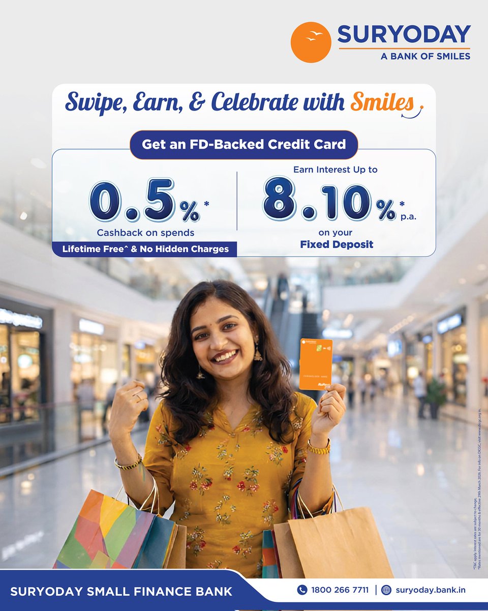 SuryodayBank's tweet image. Turn everyday spends into smiles!
▪️0.5% cashback
▪️Up to 8.10% p.a. on FD
▪️Lifetime free*
Get your Suryoday FD-backed Credit Card today.

*T&amp;amp;C Apply

Click to apply:
applyonline.suryoday.bank.in/suryoday-ntb-f…

#fixeddeposit #creditcard #financialsector #bankofsmiles #suryodaybank