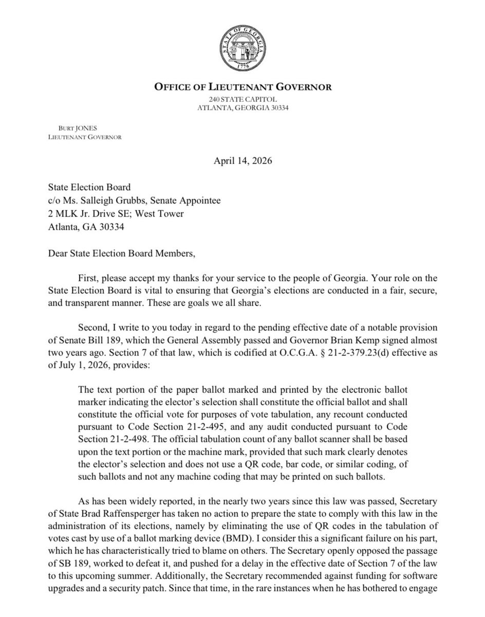 LtGovJonesGA's tweet image. My letter I sent to the State Election Board about securing our elections for 2026 can be found ⬇️
