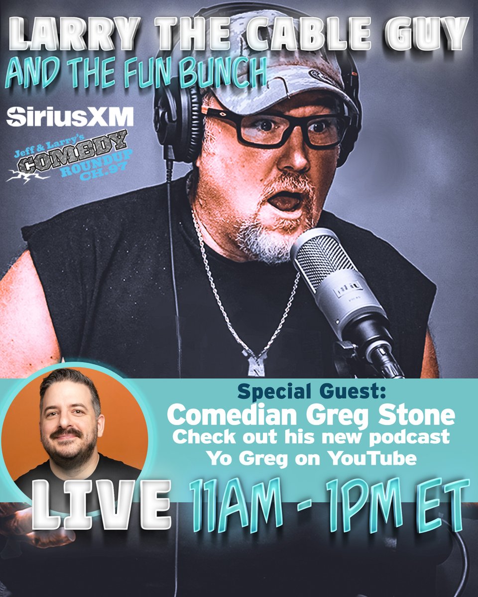 GitRDoneLarry's tweet image. Join me today for an all new show! My guest today is Greg Stone! Tune in at 11am ET on @SIRIUSXM Channel 97. #comedy #comedian
.
.
Tap the link to listen to my show, Larry the Cable Guy and The Fun Bunch, on Jeff &amp;amp; Larry’s Comedy Round-Up and get 3 months free on the SiriusXM