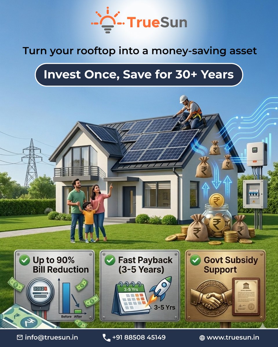 Your rooftop is just sitting there… doing nothing.

What if it could actually earn for you? 

Every month, instead of paying bills… you save more.

One smart decision today changes the next 30 years.

Start your solar journey with TrueSun Energy.

#solar #solarpower