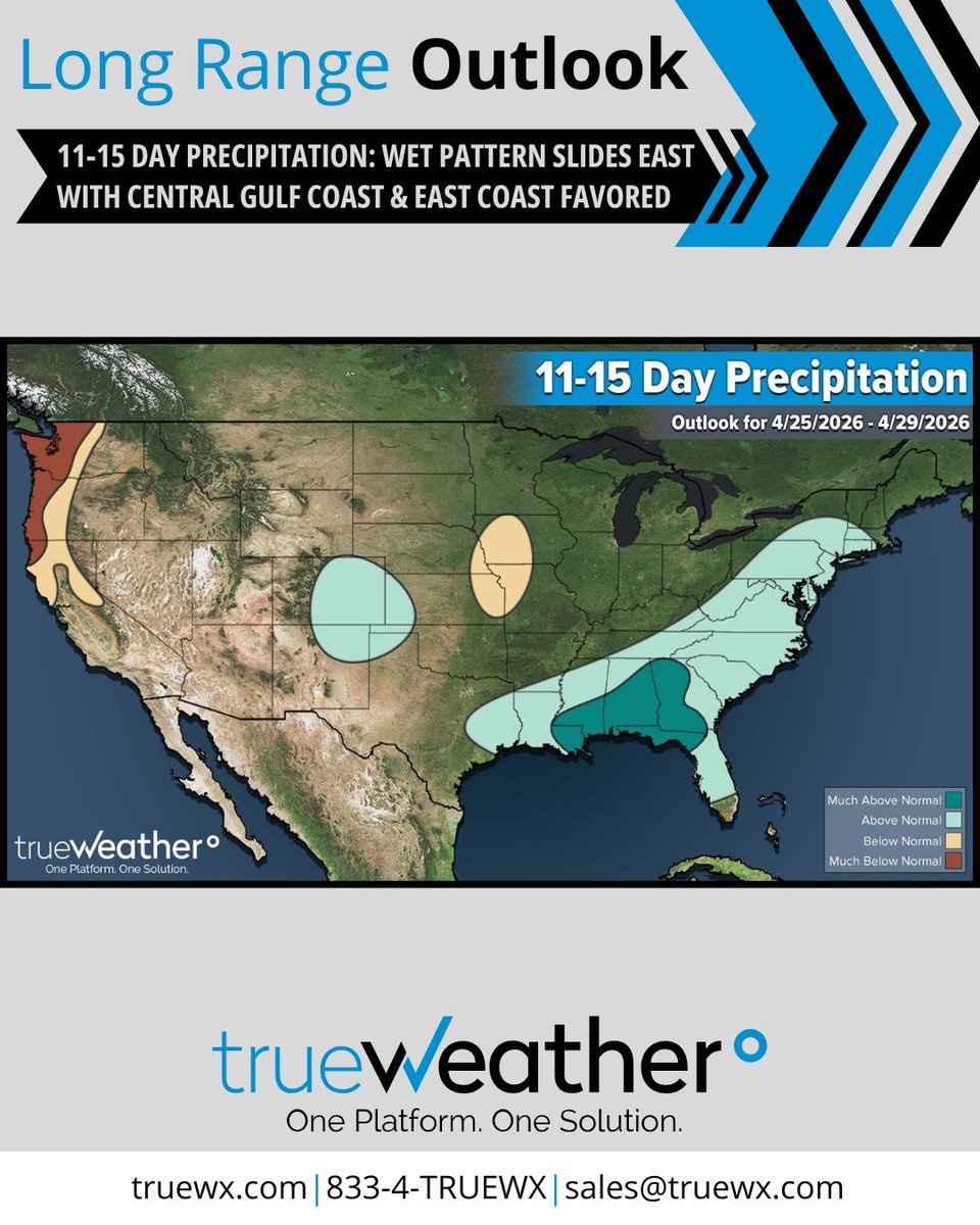 MarkShanaberger's tweet image. 𝙇𝙊𝙉𝙂 𝙍𝘼𝙉𝙂𝙀 𝙊𝙐𝙏𝙇𝙊𝙊𝙆 - #Cool conditions expand across much of the U.S. through late April, with limited #warmth by month’s end. Wet weather favors the central U.S. early, then slides toward the east, while the #PacificNorthwest and parts of the Northeast remain dry.