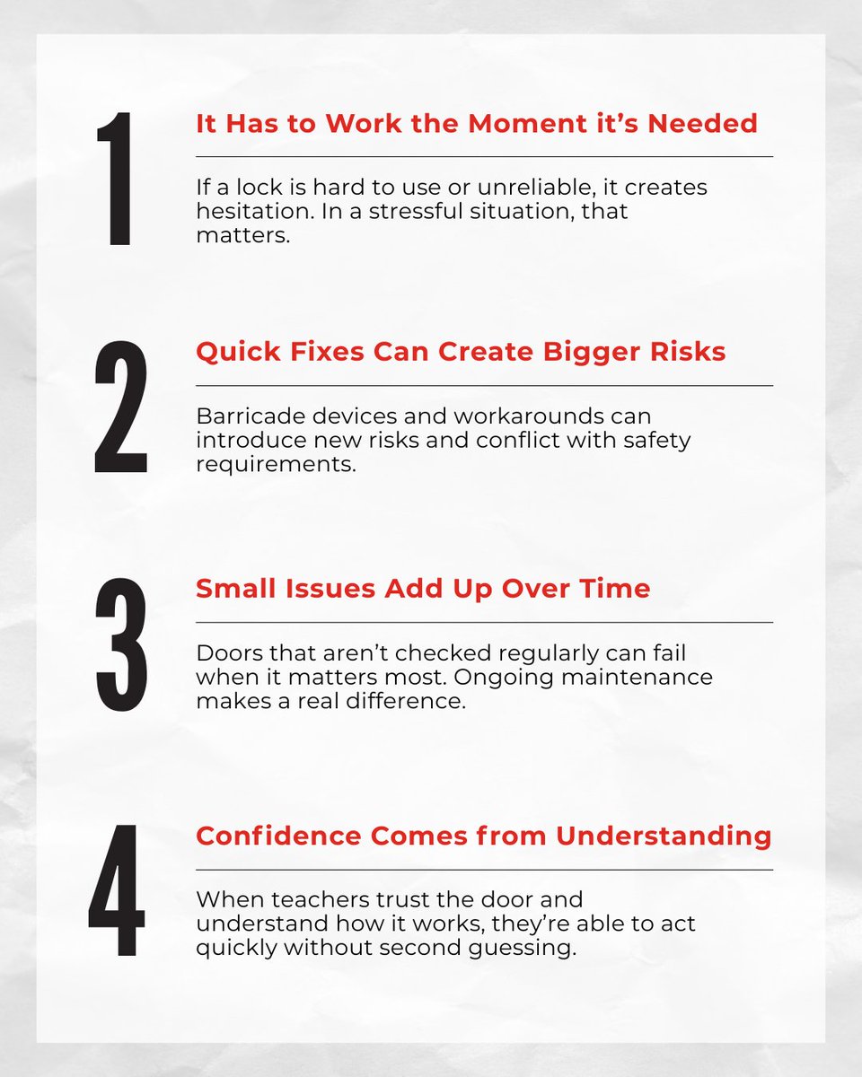hagercompanies's tweet image. School safety confidence comes down to the basics working when they’re needed.

Reliable hardware, regular checks, and clear understanding all make a difference in real situations.

Read more:
ow.ly/jBU650YJ3aZ

#SchoolSafety #K12 #DoorHardware