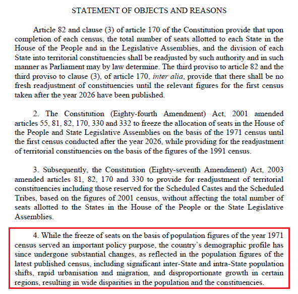 maadhyam_engage's tweet photo. Various theories are floating around but Govt itself has not provided any justification for the magical number of '850'! 

First it must be noted that 850 is the upper limit. The actual number of seats, after delimitation, may be lesser. Just like right now, upper limit is 550 but actual number of seats in #LokSabha is 543.

But even then, why 850?

The most plausible theory is that the additional seats are as many as will need to be reserved for women (850 - 1/3 of 850 is approx existing seats). So, no male MP will need to vacate their seat for a female🙄

But with a dysfunctional #Parliament, low sittings and crunched time, would 850 MPs, particularly the women MPs, get any real opportunities of making productive contribution? 

Other theory of 50% increase for all states is also quite problematic. How was it decided that it should be '50% increase' and not 32% increase, for instance? 

Compare this to what happened in 1973. Till then, maximum seats for states in Lok Sabha were 500. Then reorganisation in North East happened and it went up to 506. Census happened in 1971 and since the Constitution mandated a delimitation post every census, a delimitation commission was set up.

In 1973, through the Constitution (Thirty First) Amendment Bill, seats for states in #LokSabha were increased to maximum of 525. This is what Statement of Objects and Reasons said, "It is felt that it would be better to ensure that any readjustment and consequent allocation of seats does not adversely affect the existing number of seats allotted to each State in the House of the People and to achieve this purpose it would be necessary to increase the strength of the Lok Sabha suitably." (Link - https://t.co/a0PA9TyNFE) 

So, while it was anticipated that seats will have to be adjusted after census and delimitation and some states may gain, to prevent any state from having its seats reduced, total number of seats were increased, just like what is being proposed now. But it was a modest increase from 500 to 525.

The last increase was in 1987, after reorganisation of Goa, Daman and Diu which also further took the maximum from 525 to 530 for States. And since then, there hasn't been any increase.

Yes, multiple census have happened since then and population has significantly increased, does it still justify a sudden ~300 seats increase? Would we have reached 850, if we would have continued with the trend of modest 25-30 seats increase every 10 years? 

And why 850, why not 750 or 950? The Statement of Objects and Reason of #Constitution (131 Amendment) Bill, doesn't provide any rationale for this, but makes a cryptic statement about 'demographic change' and 'disparities in population' (see pic).

So, how and why did the government arrive at this figure of 850?