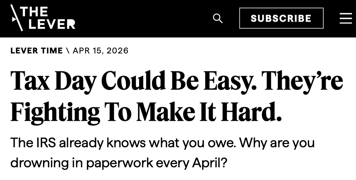 🎧LEVER TIME: The secret 40-year plot to bury you in tax paperwork &amp; force you to pay accountants - rather than letting the IRS send you your completed tax returns like other countries do.

This story is enraging - it's a plot to enrich tax prep companies &amp; make you hate taxes.