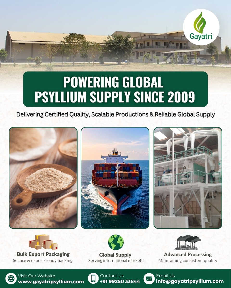 gayatripsyllium's tweet image. Powering global #psylliumsupply since 2009
At #GayatriPsyllium, we deliver #certifiedquality, scalable production &amp;amp; consistent reliability #globalexport

🌐gayatripsyllium.com/about-us/

#PsylliumHusk #GlobalTrade #B2BExport #BulkSupply #IndiaExports #AgricultureExport #NaturalFiber