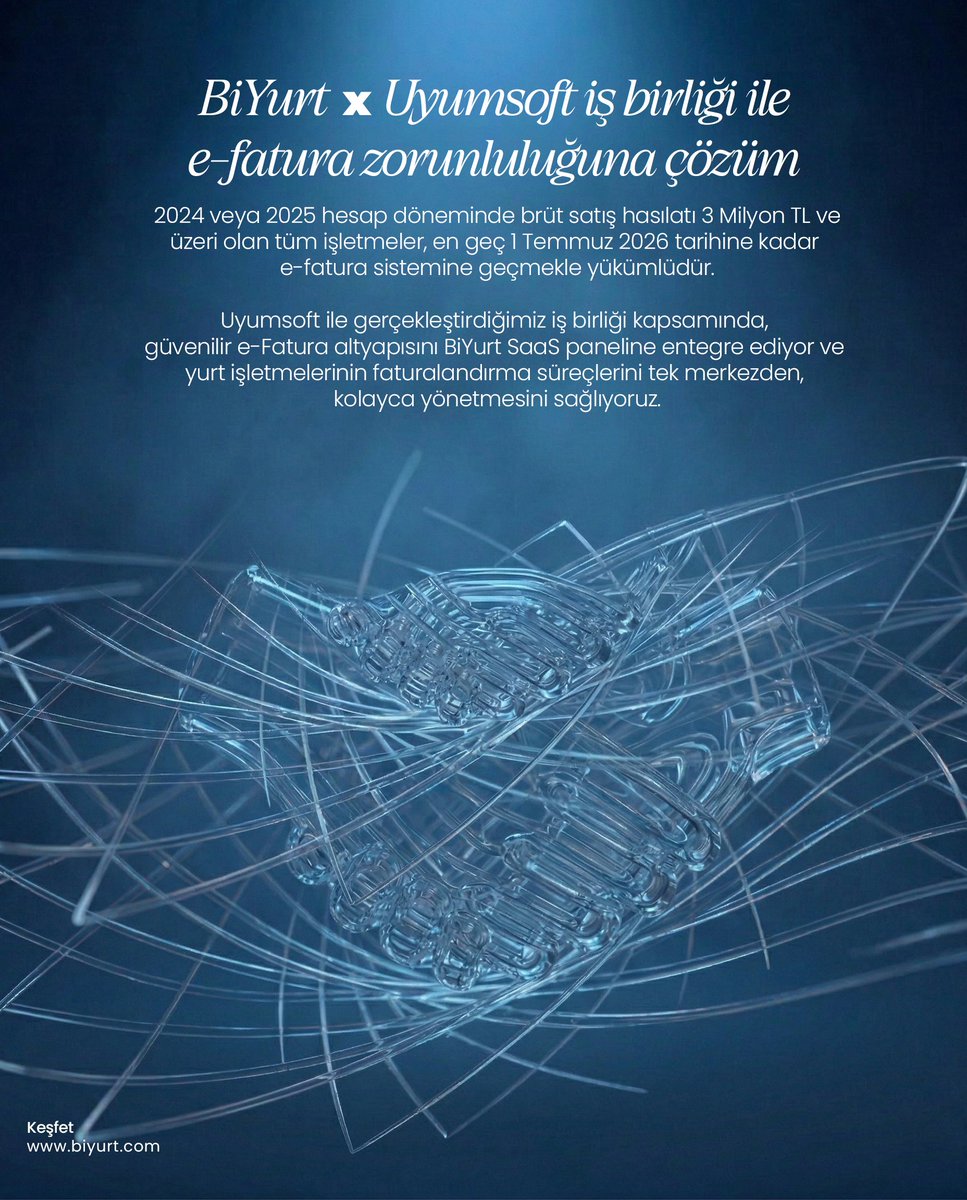 BiYurt's tweet image. e-Fatura Zorunluluğu Yaklaşıyor, BiYurt ile Çözüm Çok Kolay!

BiYurt x Uyumsoft iş birliğiyle fatura süreçlerinizi tek tıkla dijitale taşıyoruz! Uyumsoft’un güçlü altyapı BiYurt SaaS paneline entegreli ⚡️

#yurt #öğrenciyurdu #kızyurdu #kızyurtları #erkekyurdu
