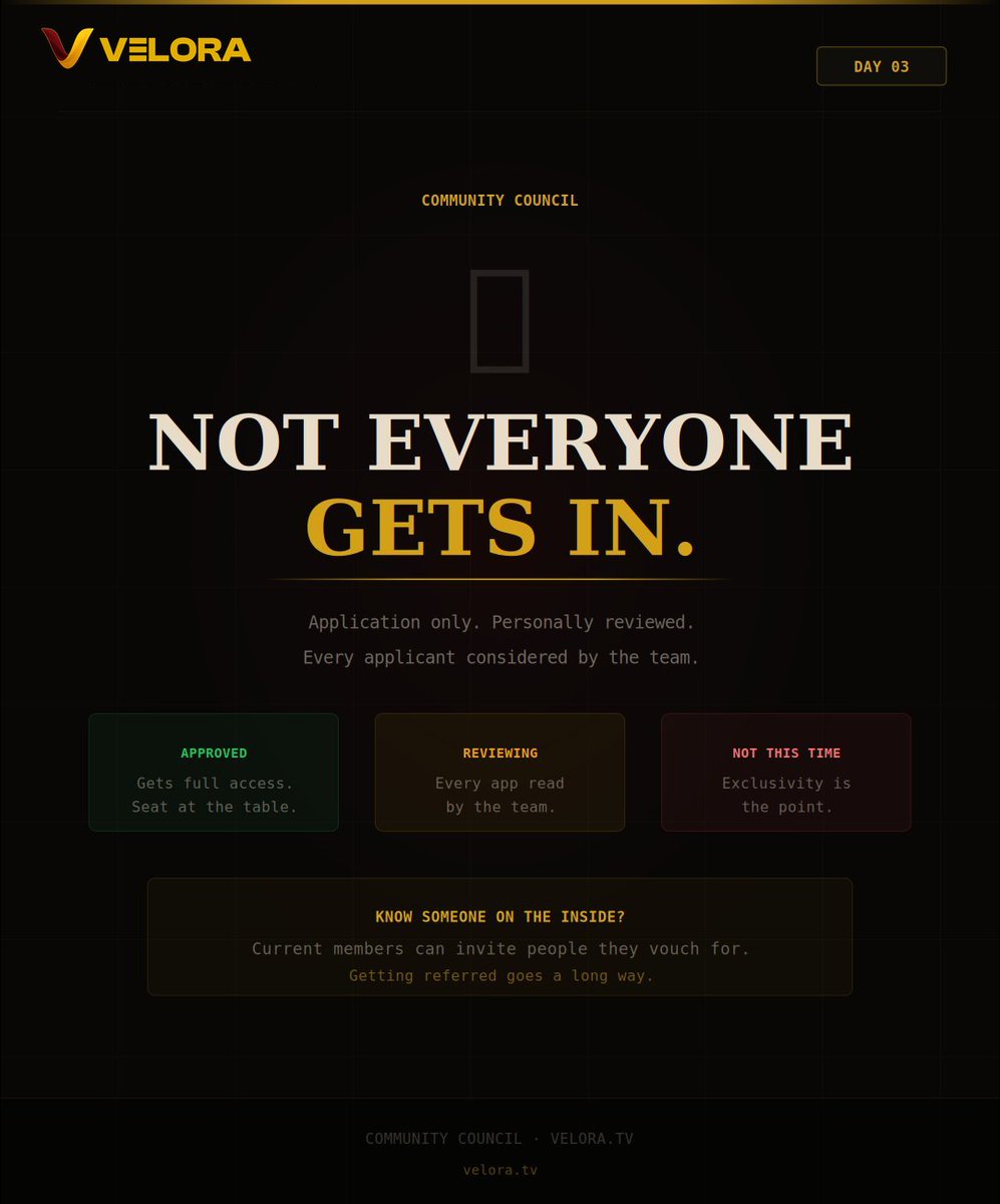 VeloraTV's tweet image. The Velora community council isn't just an open signup.

Every application is reviewed personally.

Not everyone gets in, and that's the point.

Know someone already in?  Getting referred helps.

#Veloratv #community #streamer #viewer #wereallinthistogeather
