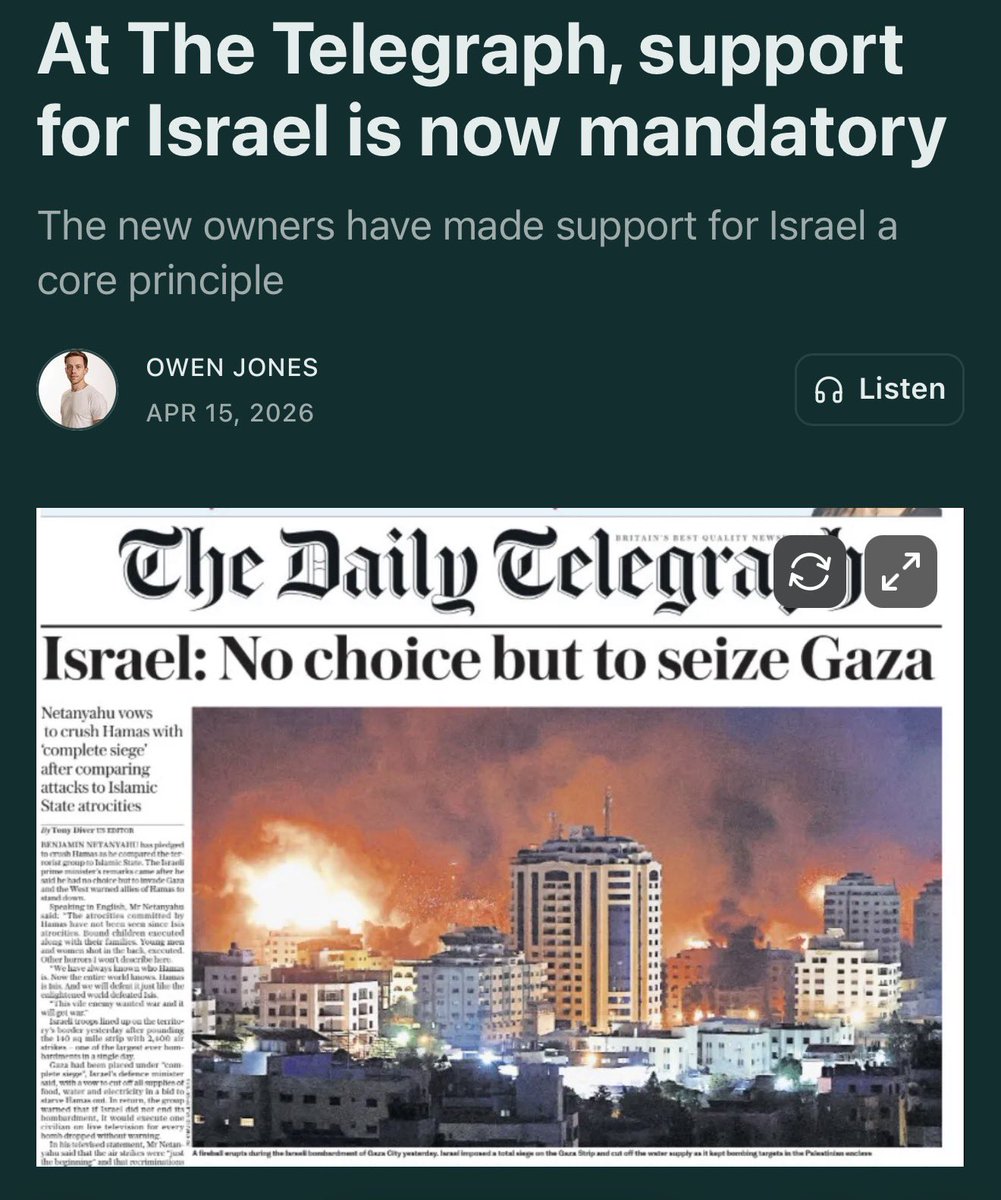 ⛔️The Daily Telegraph is being acquired by a German-based media giant - and now its journalists are formally expected to support Israel.‼️

⛔️The culture secretary, Lisa Nandy, has cleared the takeover by Axel Springer SE. Its CEO, Mathias Döpfner, has written to Telegraph staff