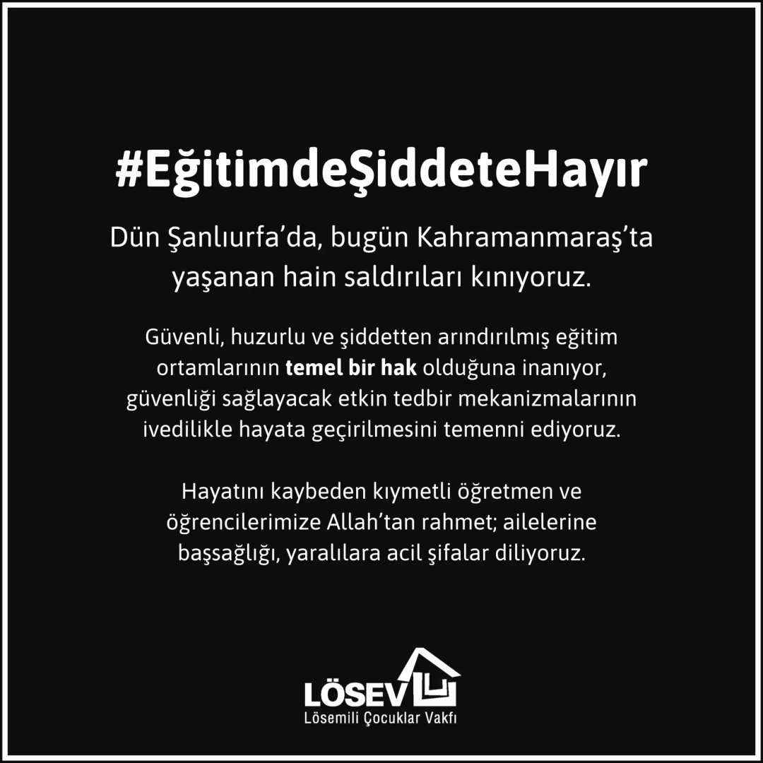 #EğitimdeŞiddeteHayır

Dün Şanlıurfa'da, bugün Kahramanmaraş'ta yaşanan hain saldırıları kınıyoruz.

Güvenli, huzurlu ve şiddetten arındırılmış eğitim ortamlarının temel bir hak olduğuna inanıyor, güvenliği sağlayacak etkin tedbir mekanizmalarının ivedilikle hayata geçirilmesini