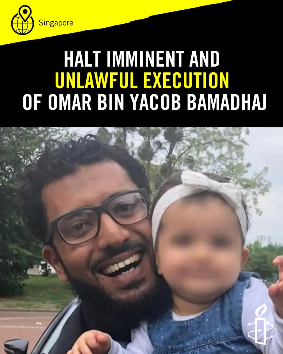 amnesty's tweet photo. Singapore’s government must immediately halt the execution of Omar bin Yacob Bamadhaj, who has been convicted for trafficking just over one kilogram of cannabis, considered a Class A controlled drug under the 1973 Misuse of Drugs Act, to the country in 2018. His execution is scheduled to take place tomorrow, April 16. 
 
Singapore’s continued use of the death penalty for drug-related offences is a violation of international human rights law and standards. Everyone deserves the right to life and to live free from torture or cruel, inhuman or degrading treatment or punishment. This execution must not go ahead.