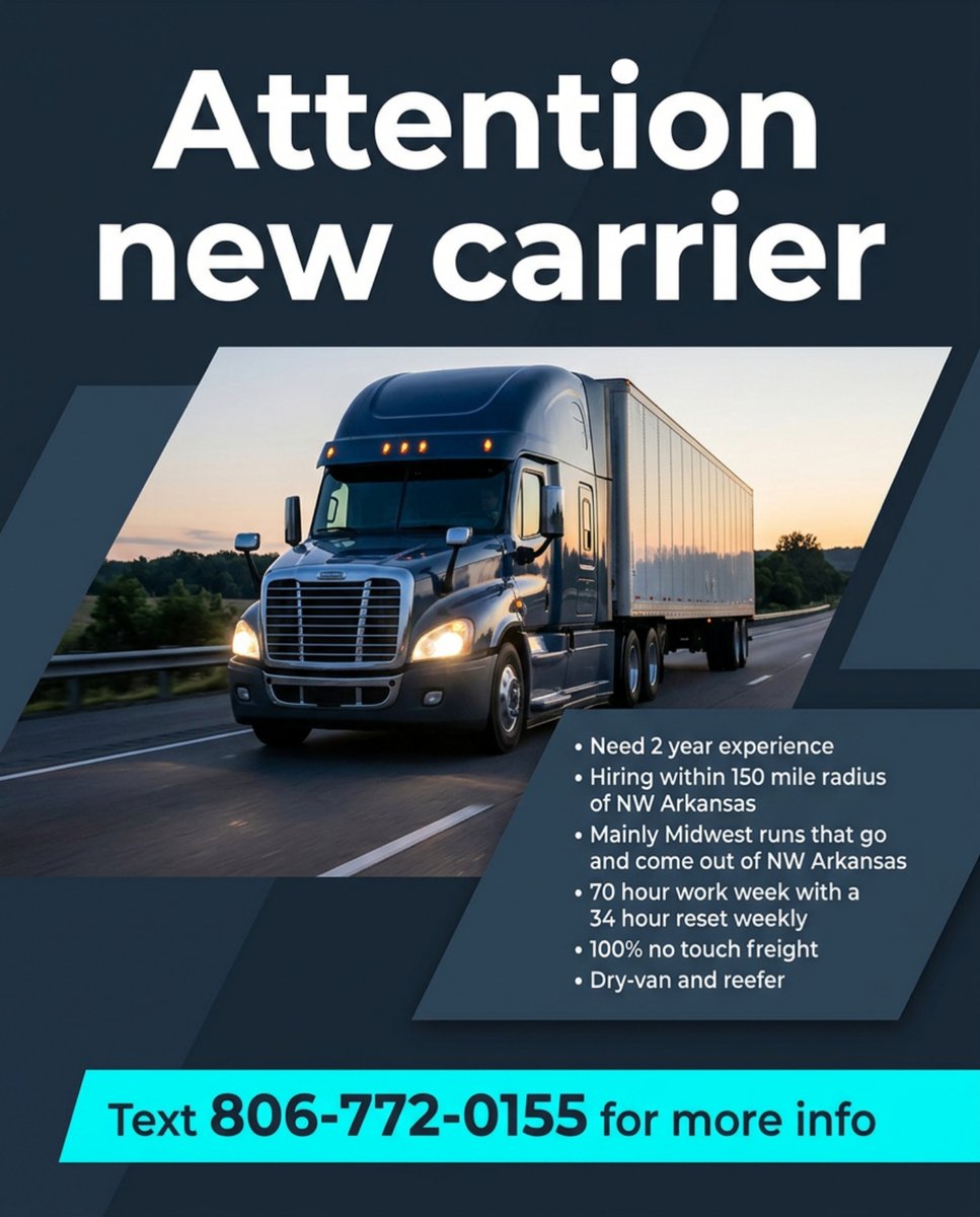 Rebeccarecruite's tweet image. Join our team! Hiring carriers with 2+ years experience within 150 miles of NW Arkansas. Enjoy 100% touch freight &amp;amp; balanced work with a 34-hour reset. Text us today! #TruckJobs #DriveLocal #CarrierCareers