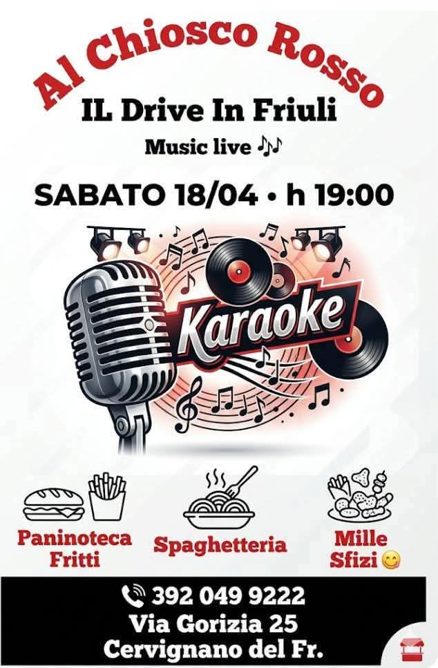 talegeni's tweet photo. L'insolito Karaoke sabato 18 aprile h 19:00 Al Chiosco Rosso Cervignano del Friuli Via Gorizia 25 rotonda ex drago nero #karaokefriulisabato #karaokeDriveInfriuli https://t.co/PViZt7diA6