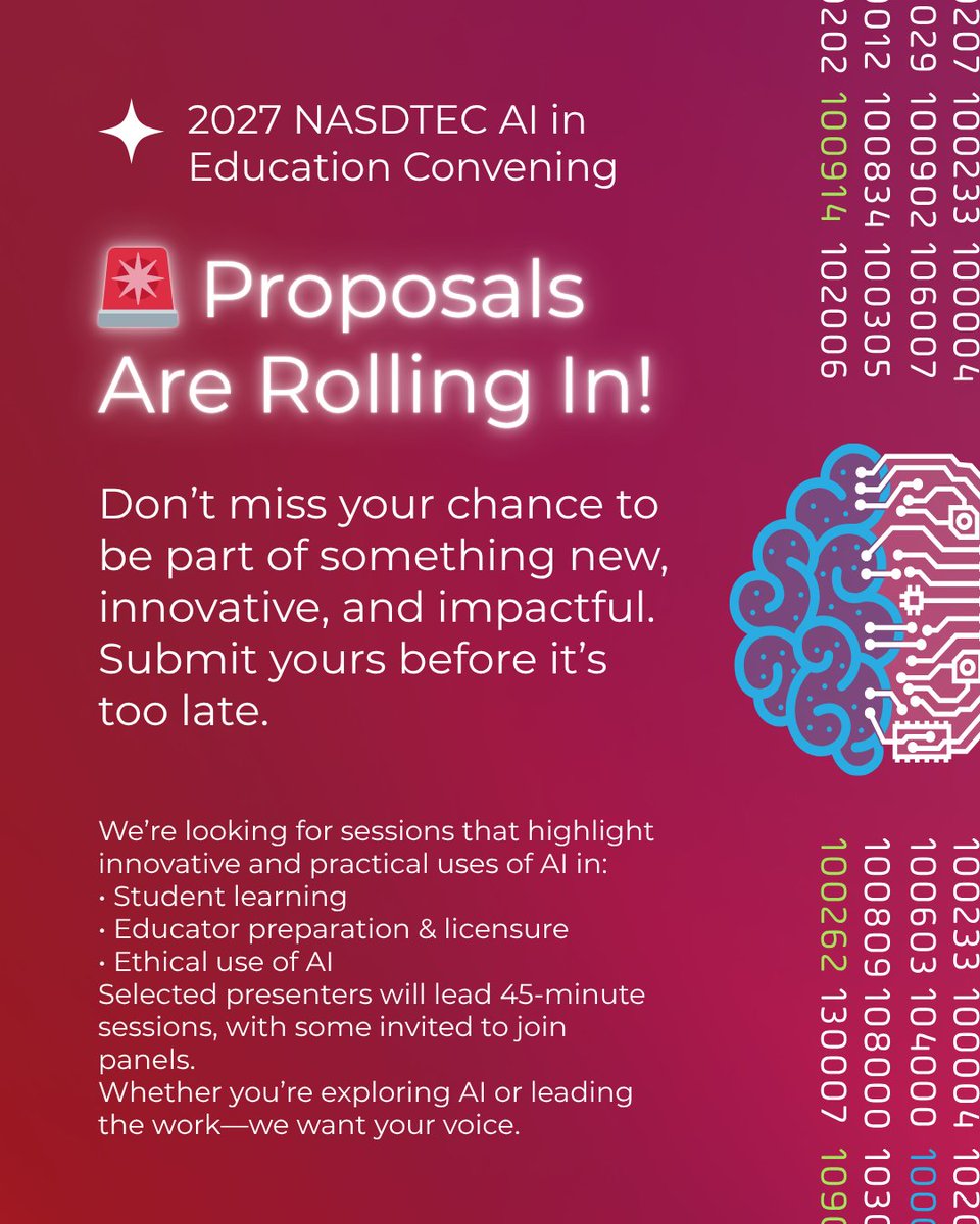 NASDTEC's tweet photo. We are so thankful for all the proposals already submitted for the 2027 NASDTEC National Convening on Artificial Intelligence (AI) in Education, to be held January 27–29, 2027, at the InterContinental Hotel in New Orleans. Get your proposal in today! https://t.co/xtleEzdPF2 https://t.co/DWWtcRhXNJ