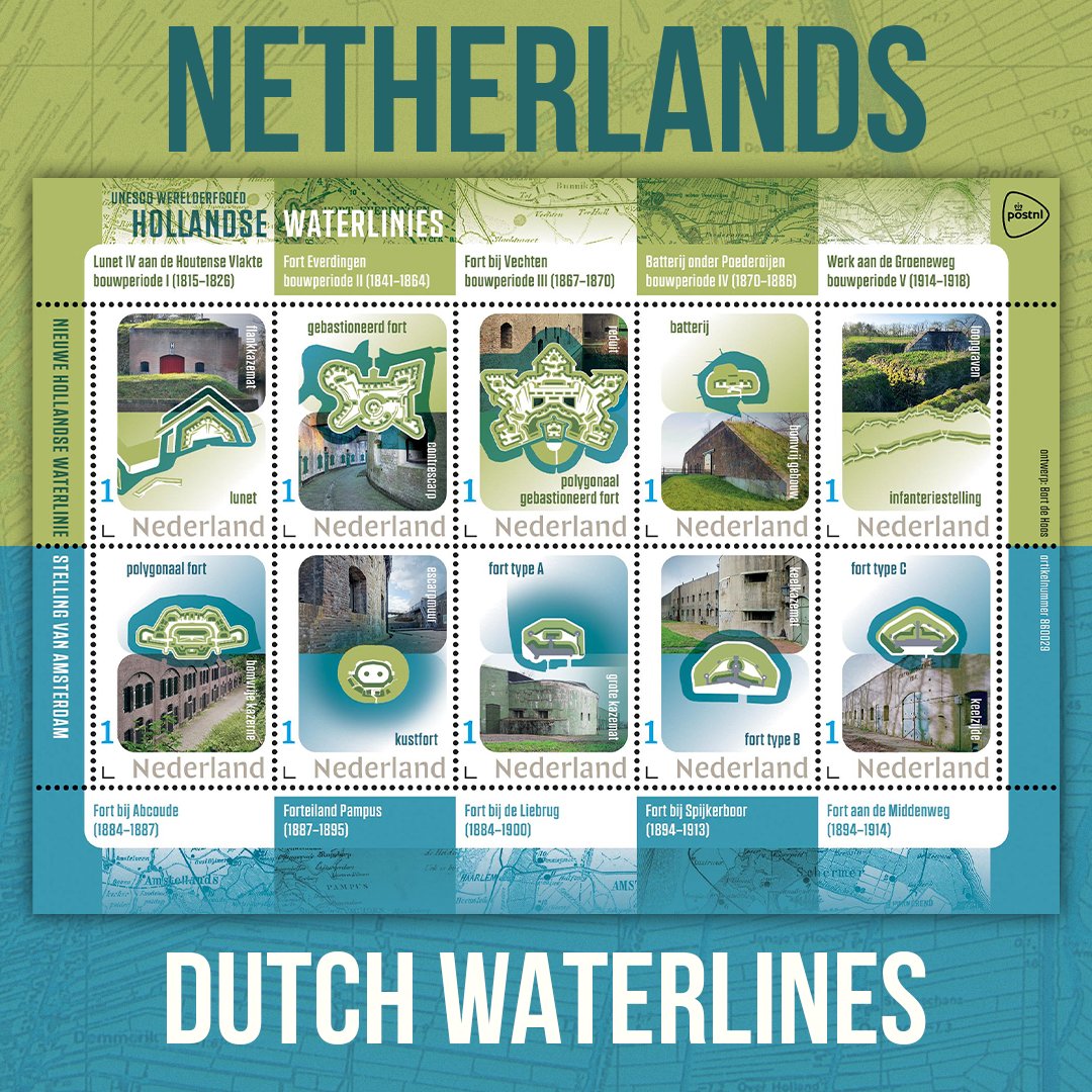 WopaPlus's tweet image. This latest sheet from the Netherlands features photos and maps of 19th and early 20th-century defensive works in the Netherlands. #stamps #philately #netherlands