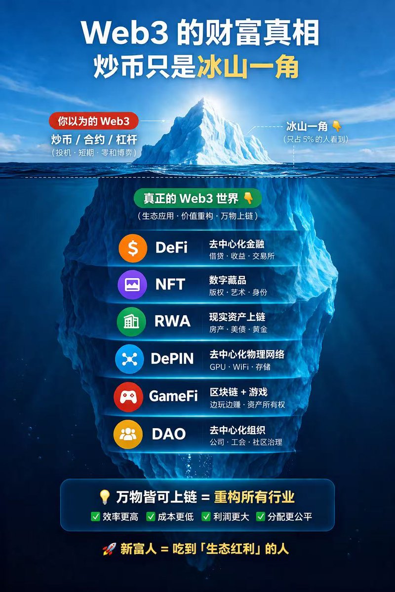 我认为Web3会诞生一批新富人？
大家好，我是ATan🥥
现在一提到Web3，大部分人脑子里蹦出来的还是那几个词：炒币、合约、跑路……
但我想跟大家说实话，炒币真的只是Web3很小很小的一角而已。
真正能让一批人富起来的，是区块链把整个传统行业重新做一遍的能力。