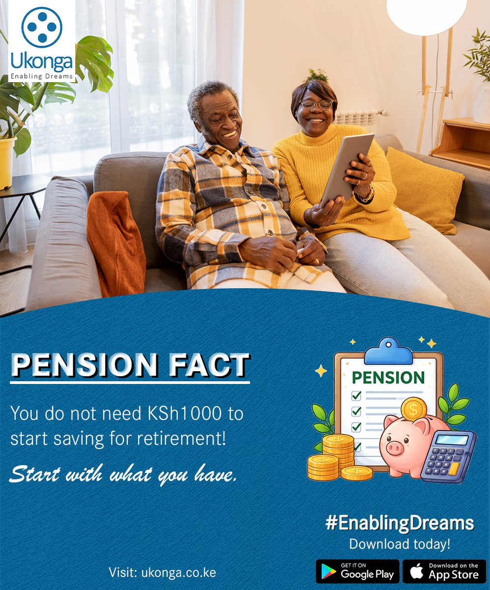 UkongaApp's tweet photo. Did you know that only 26.5% of Kenya's working-age population is covered by a structured retirement pension plan?
Imagine you don't need much money to start saving for retirement; start with what you have!
The Ukonga app is your perfect pension plan; download it today!
#savings https://t.co/Or86aTQEK3