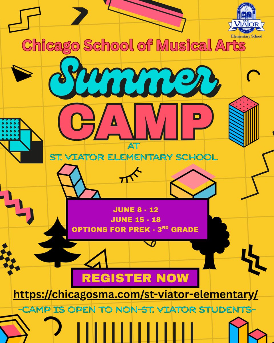 Spots available for Chicago School of Musical Arts Summer Camp on our campus! Check out the June offerings and register at chicagosma.com/st-viator-elem… Share the info with your friends and neighbors-camp is open to non-St. Viator students! #StViatorChicago #ChicagoSchoolofMusicalArts