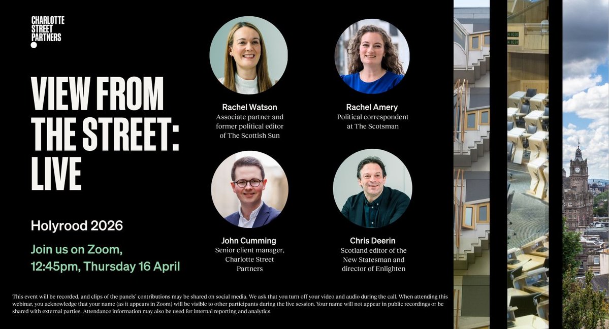PubAffairs's tweet image. Thurs 16 April 12.45pm: join @cstreetpartners for "View from the Street: Live - #Holyrood2026" unpacking party #manifestos, analysing the latest #polling, &amp;amp; focusing on what really matters ahead of 7 May -&amp;gt; details on #PublicAffairs #stakeholder #events: tinyurl.com/7dkkheu8